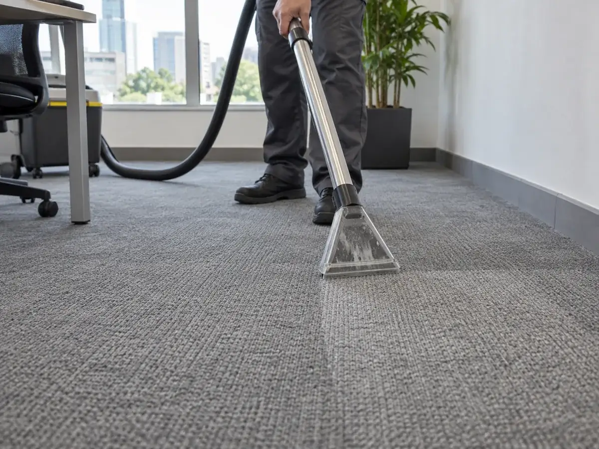 Profissional realizando limpeza em carpete fixo de ambiente empresarial